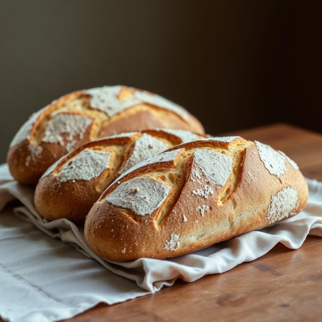 Freshly baked rustic bread loaves on a linen cloth