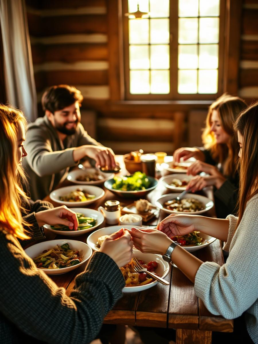 Friends sharing a warm meal around a rustic wooden table