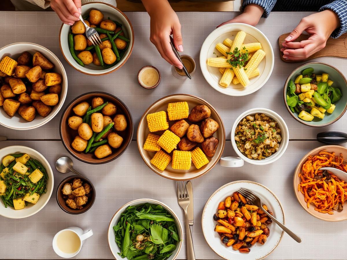 Family-style table spread of roasted vegetables, potatoes and salads