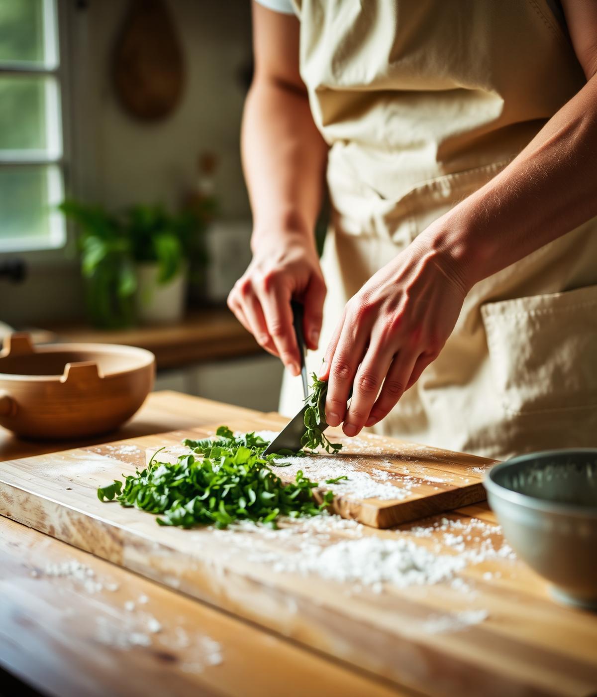 Hands chopping fresh herbs on a wooden board in a warm country kitchen
